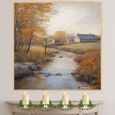 Autumn Light – Tranquil Stream Through the Village on Ready to Hang 1.5" Thick Canvas Wrap, Floating Framed Canvas, Flat Rolled Canvas